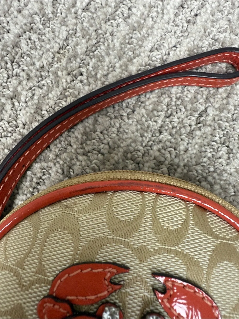 Coach Beige Signature Round Wristlet with Coral Crab 🦀 Appliqué